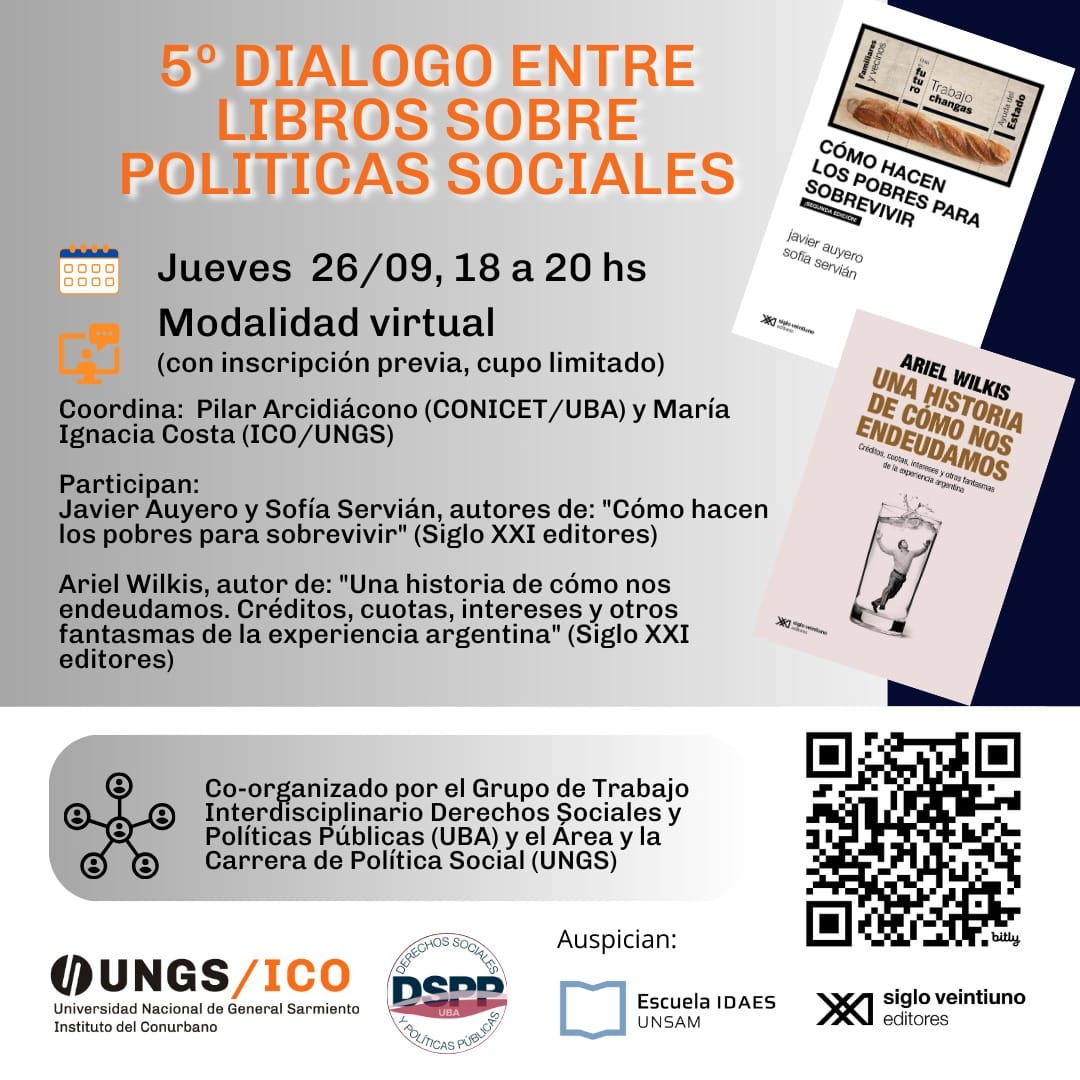 Nuevo diálogo entre libros sobre políticas sociales. El jueves 26 de septiembre, de 18 a 20 hs, modalidad virtual (con inscripción previa, cupo limitado)